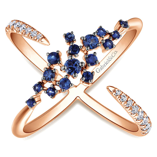 14K Rose Gold Modern Scattered Sapphire and Diamond Open Ring