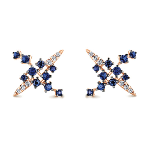14K Rose Gold Modern Scattered Sapphire and Diamond Stud Earrings