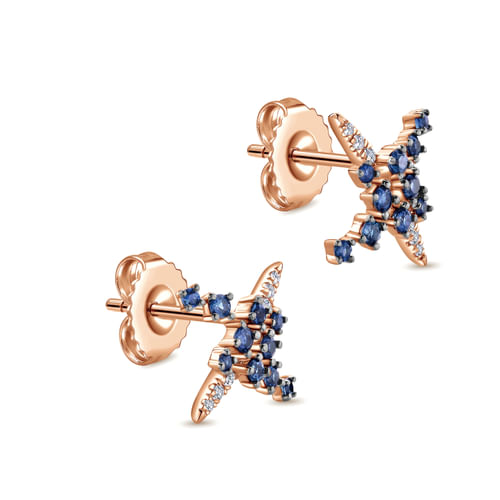 14K Rose Gold Modern Scattered Sapphire and Diamond Stud Earrings