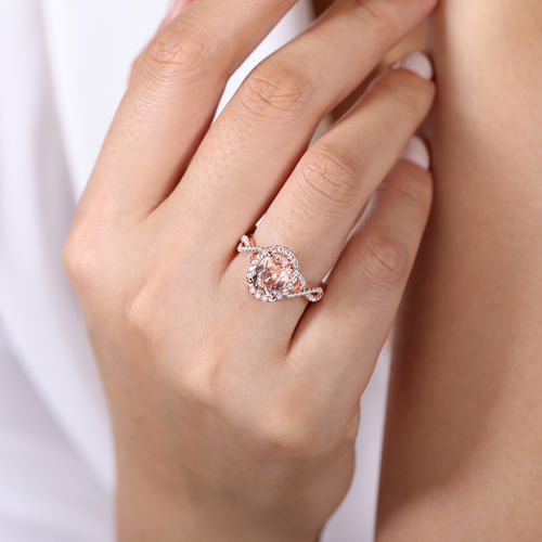 14K Rose Gold Morganite and Diamond Halo Engagement Ring