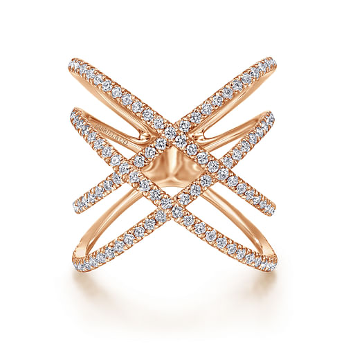 14K Rose Gold Multi Row Diamond Criss Cross Ring