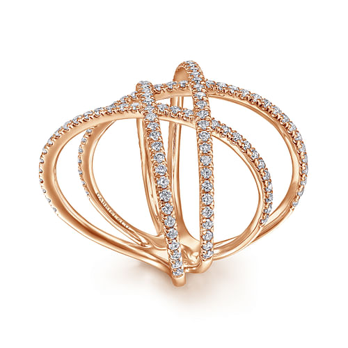 14K Rose Gold Multi Row Diamond Criss Cross Ring