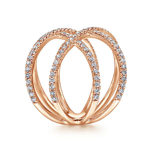 14K Rose Gold Multi Row Diamond Criss Cross Ring