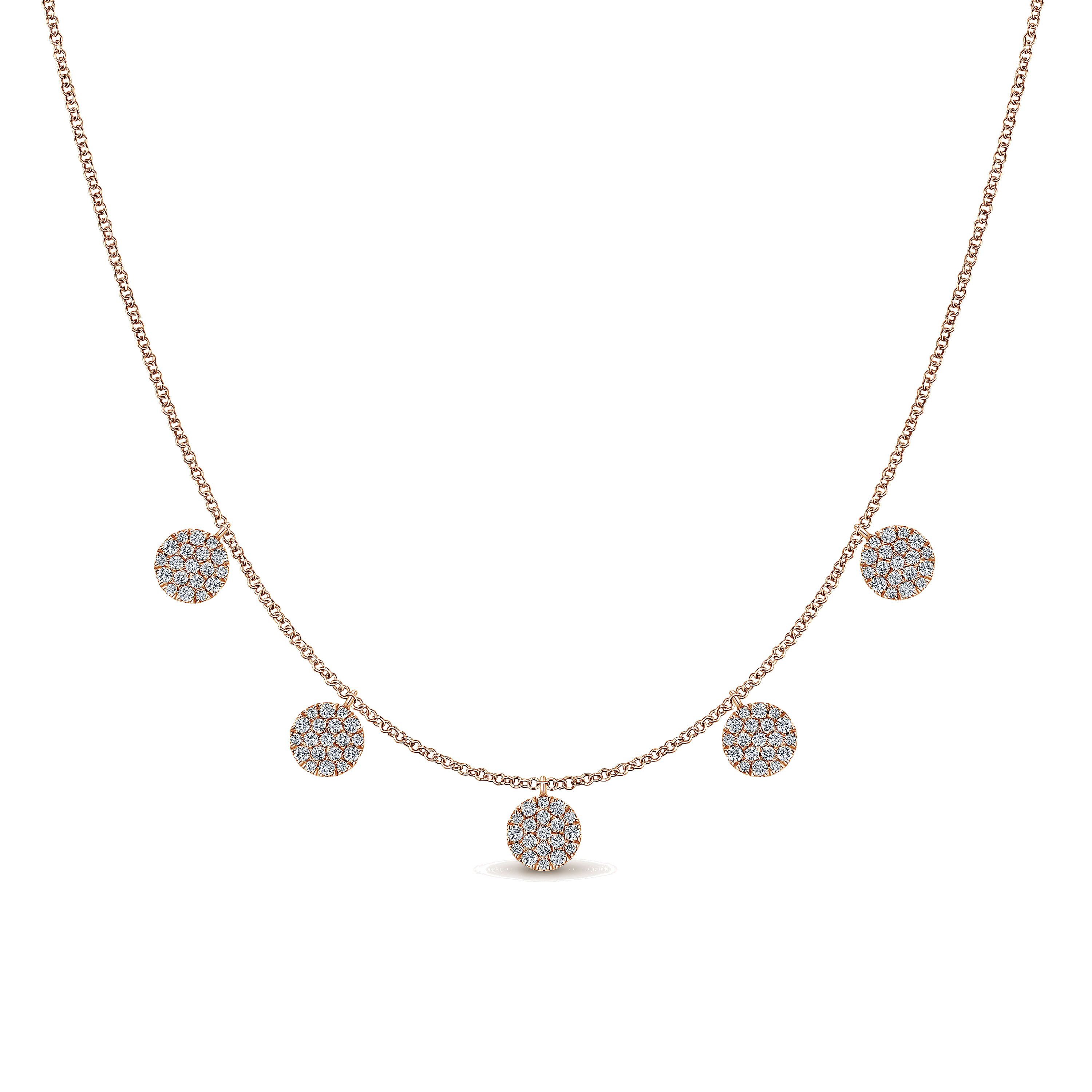 14K Rose Gold Necklace with Round Diamond Pavé Disc Drops