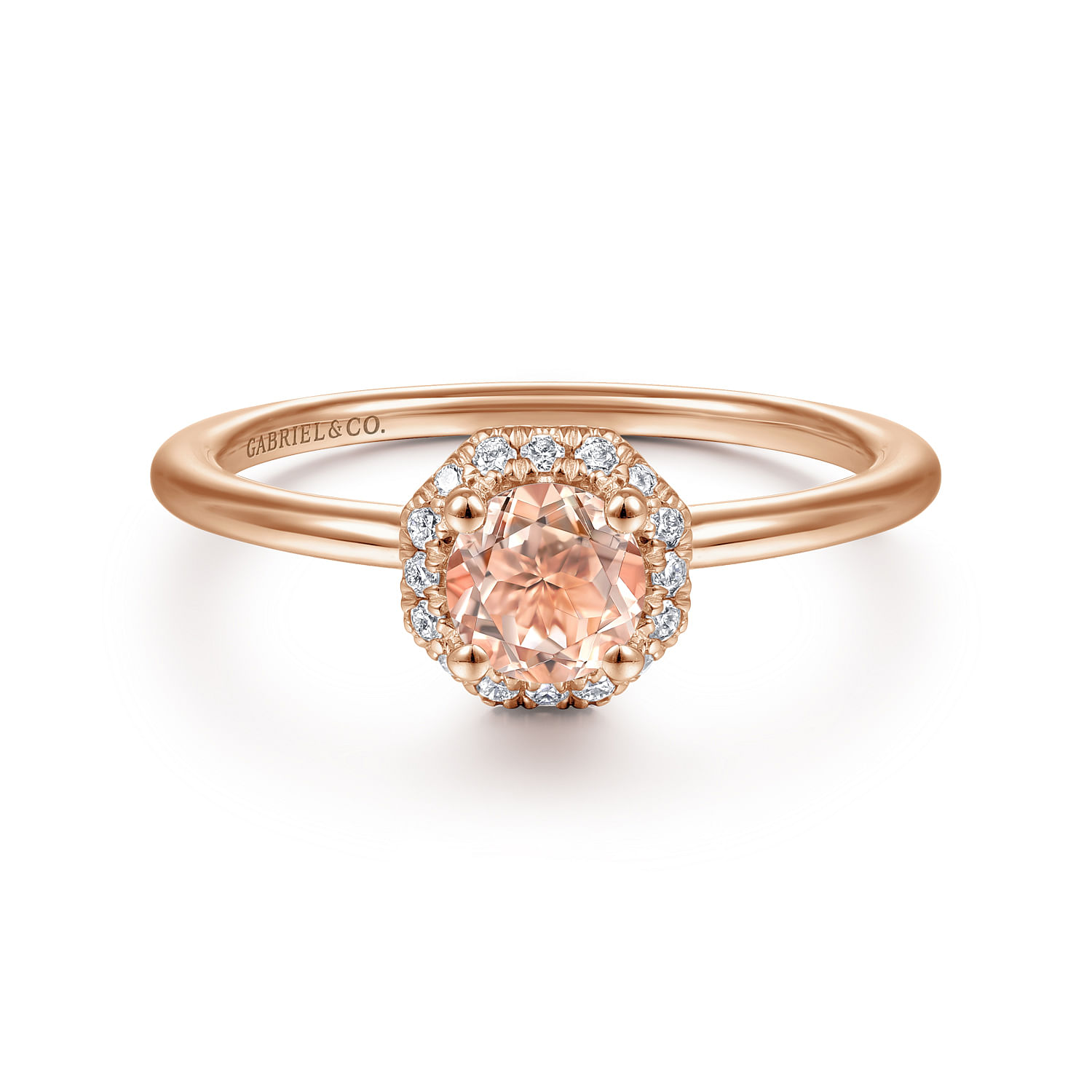 Gabriel - 14K Rose Gold Octagonal Diamond Halo Round Morganite Ring