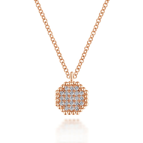 14K Rose Gold Octagonal Diamond Pavé Pendant Necklace with Beaded Frame
