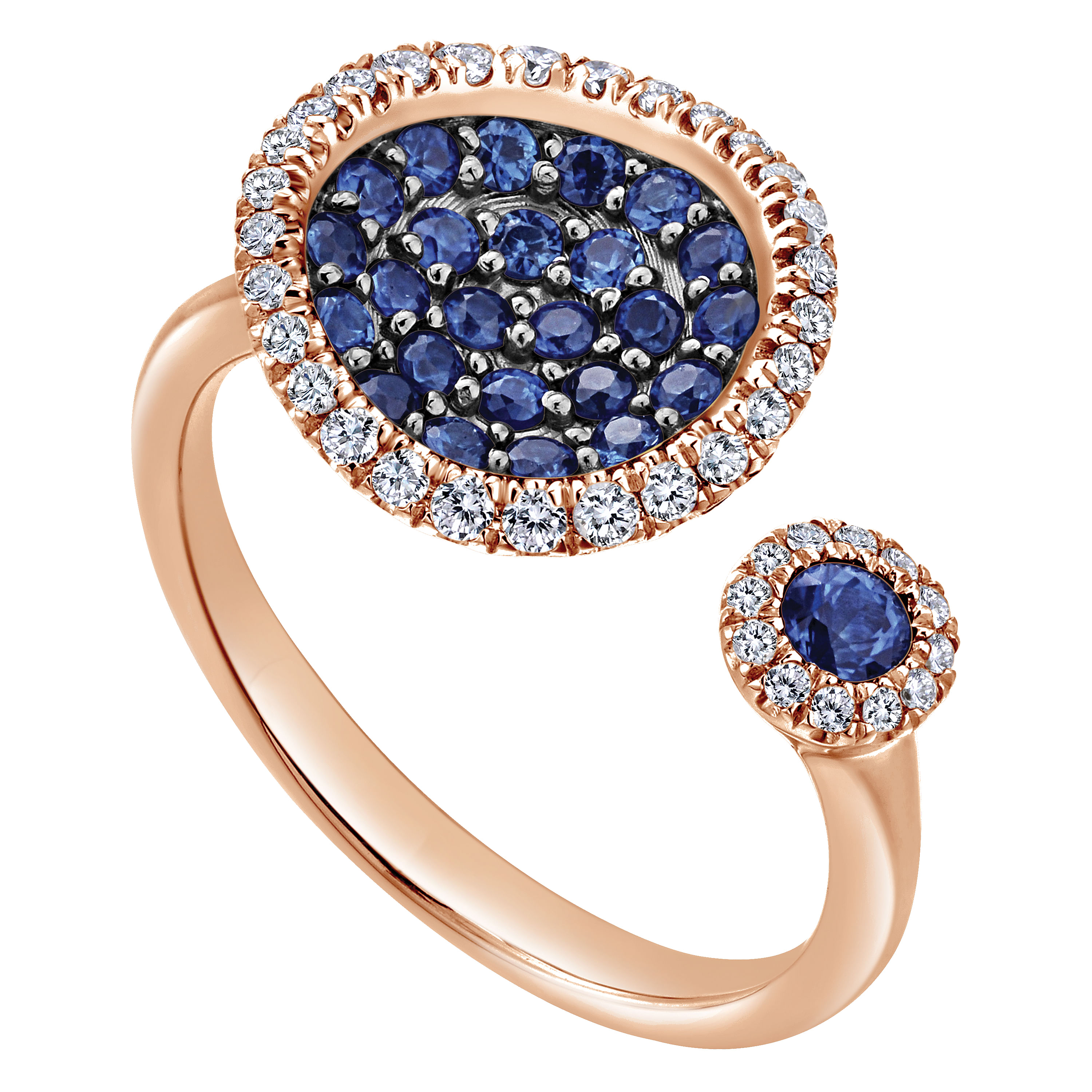 14K Rose Gold Open Asymmetrical Diamond and Sapphire Cluster Ring