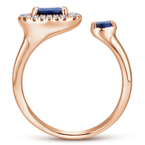 14K Rose Gold Open Asymmetrical Oval Sapphire Diamond Halo Ring