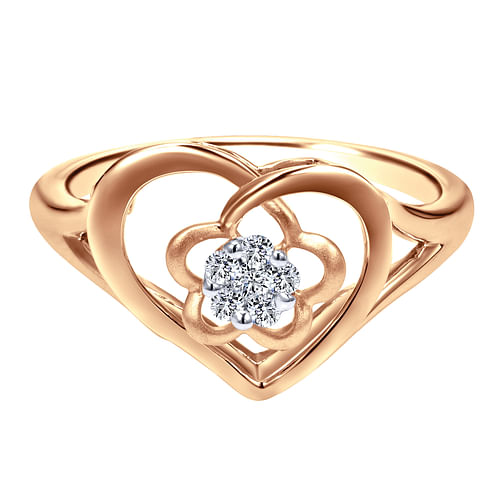 14K Rose Gold Open Heart Floral Diamond Cluster Ring