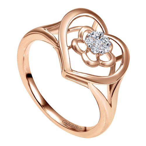 14K Rose Gold Open Heart Floral Diamond Cluster Ring