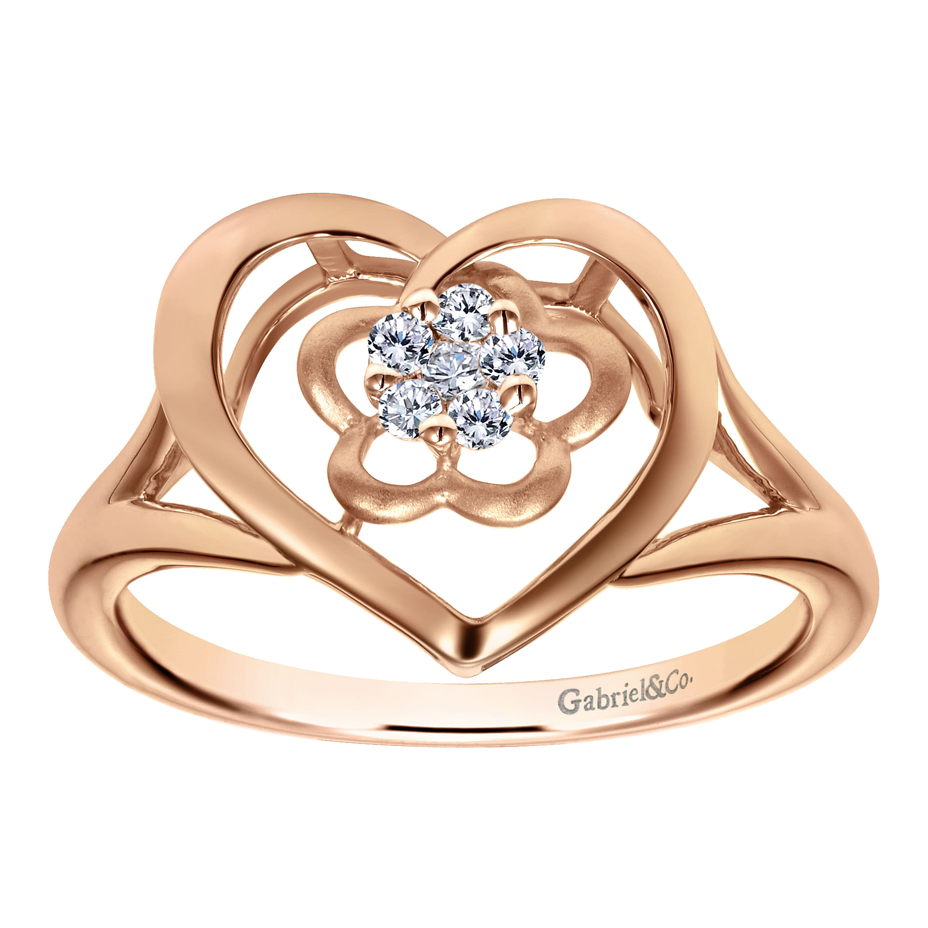 14K Rose Gold Open Heart Floral Diamond Cluster Ring