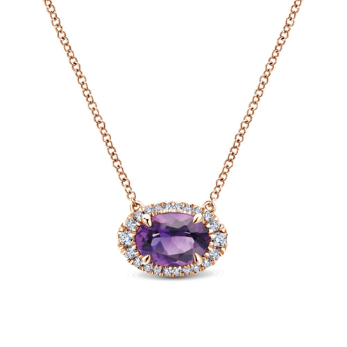 14K Rose Gold Oval Amethyst and Diamond Halo Pendant Necklace
