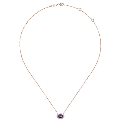 14K Rose Gold Oval Amethyst and Diamond Halo Pendant Necklace