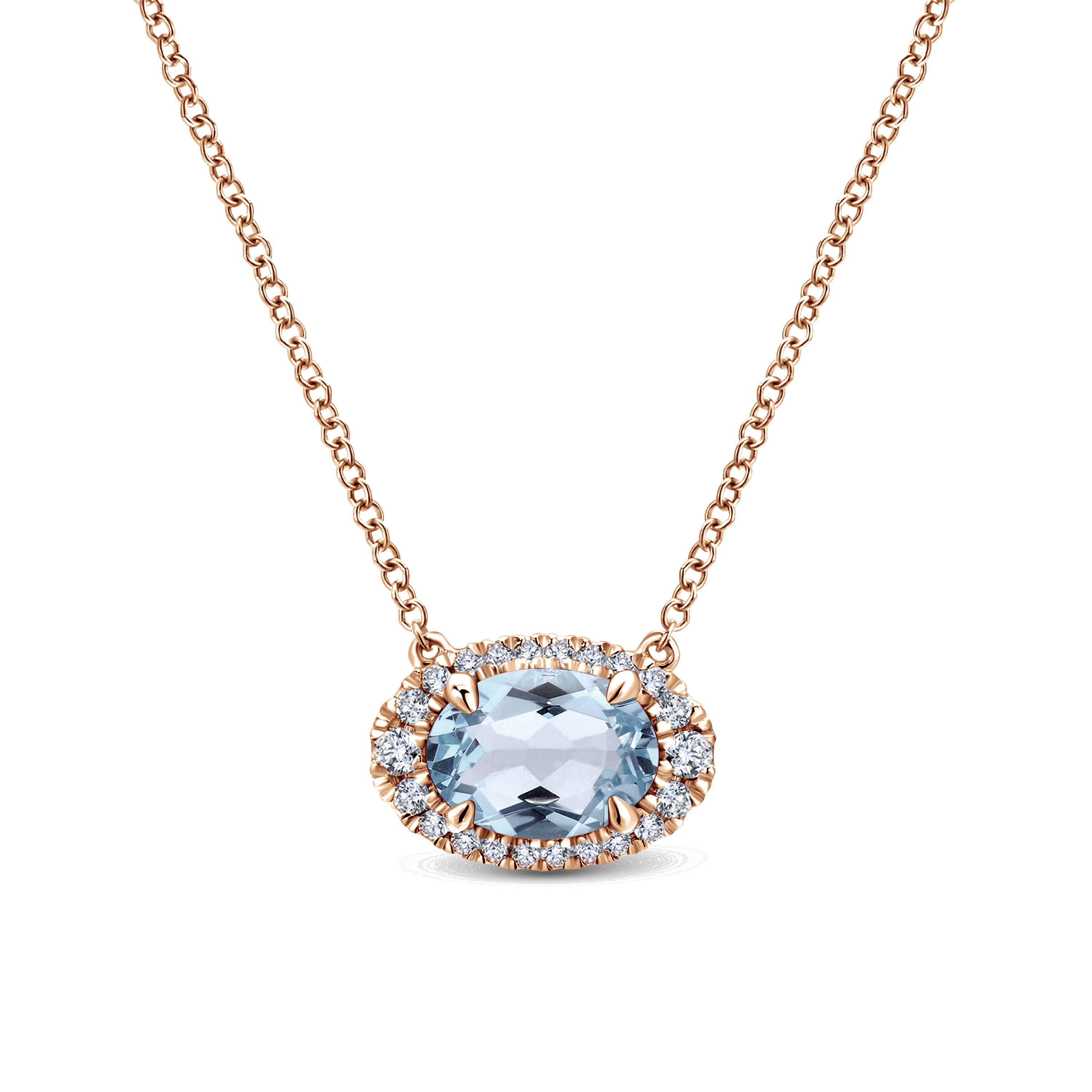 14K Rose Gold Oval Aquamarine and Diamond Halo Pendant Necklace