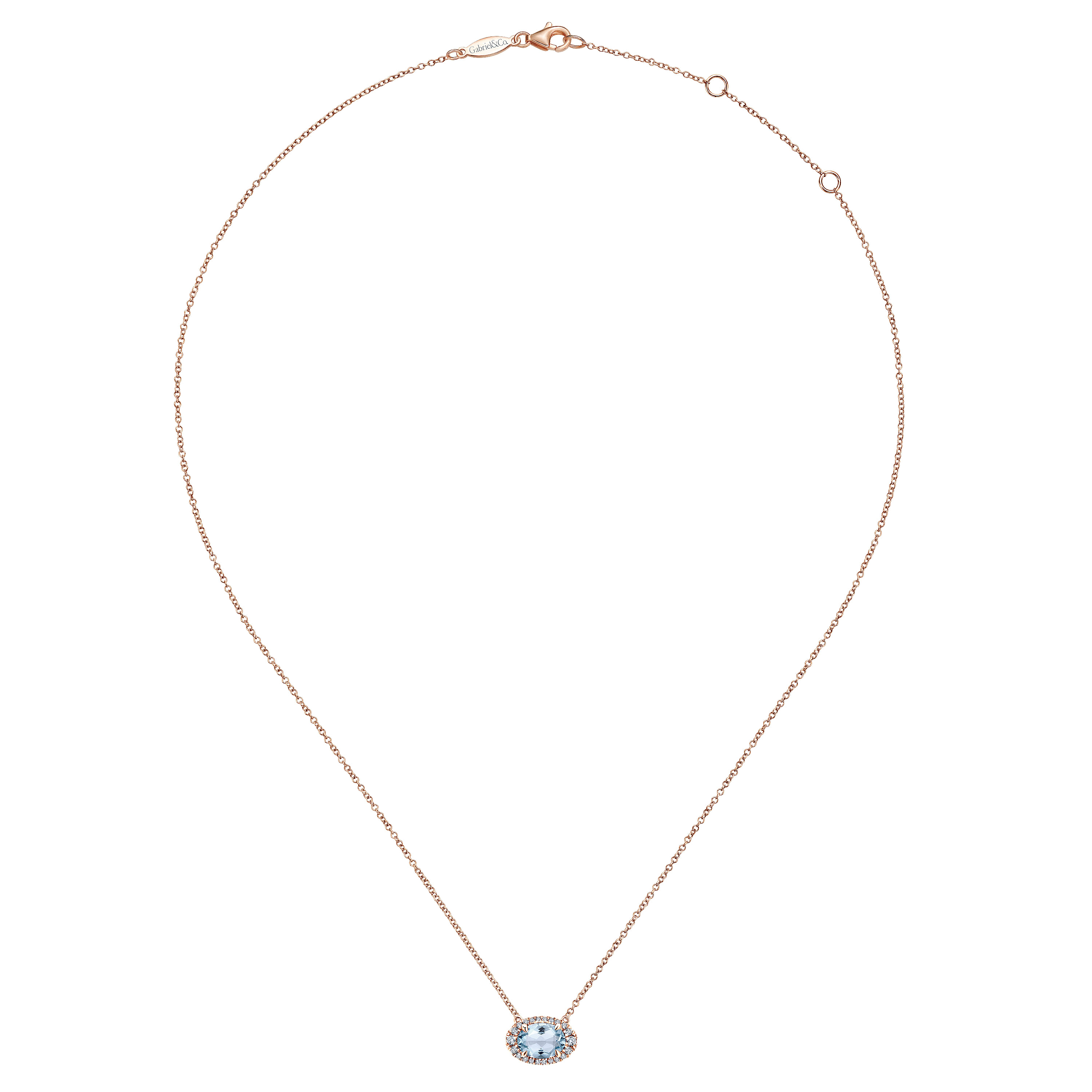 14K Rose Gold Oval Aquamarine and Diamond Halo Pendant Necklace