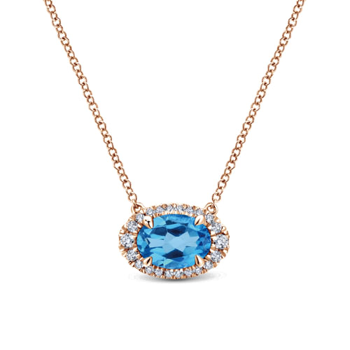 14K Rose Gold Oval Blue Topaz and Diamond Halo Pendant Necklace