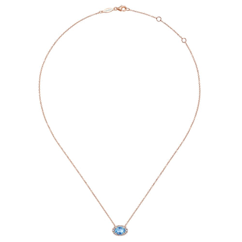 14K Rose Gold Oval Blue Topaz and Diamond Halo Pendant Necklace