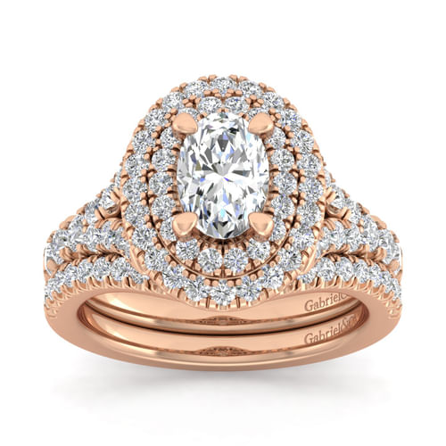 14K Rose Gold Oval Double Halo Diamond Engagement Ring