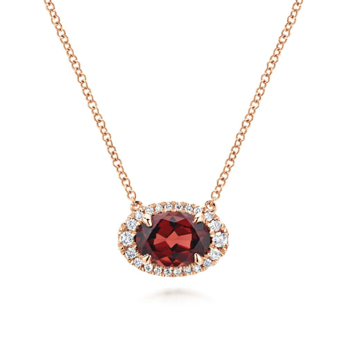14K Rose Gold Oval Garnet and Diamond Halo Pendant Necklace