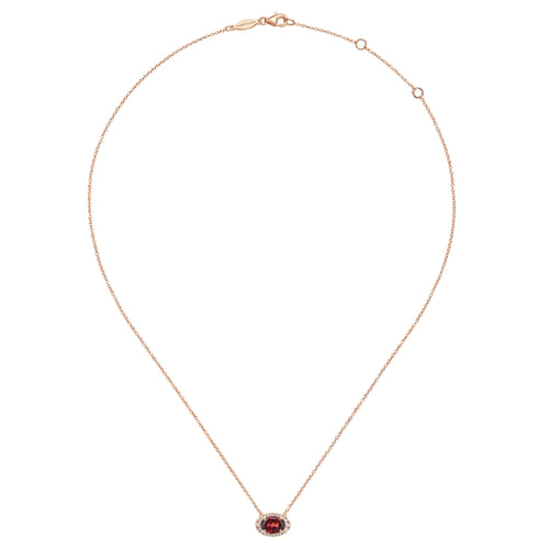 14K Rose Gold Oval Garnet and Diamond Halo Pendant Necklace