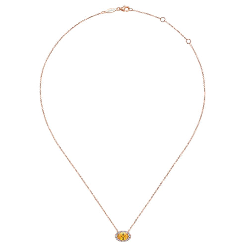 14K Rose Gold Oval Halo Citrine and Diamond Necklace