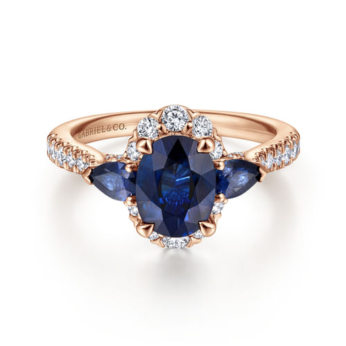14K Rose Gold Oval Halo Diamond and Sapphire Engagement Ring