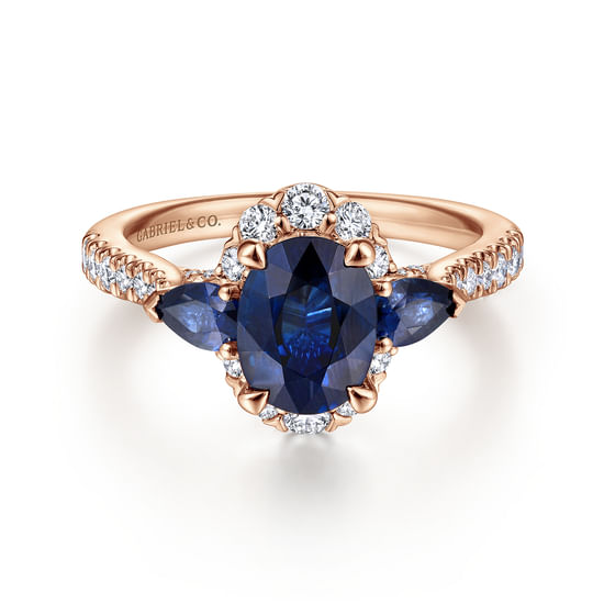 Gabriel - 14K Rose Gold Oval Halo Diamond and Sapphire Engagement Ring