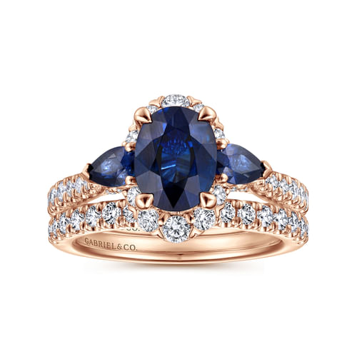 14K Rose Gold Oval Halo Diamond and Sapphire Engagement Ring
