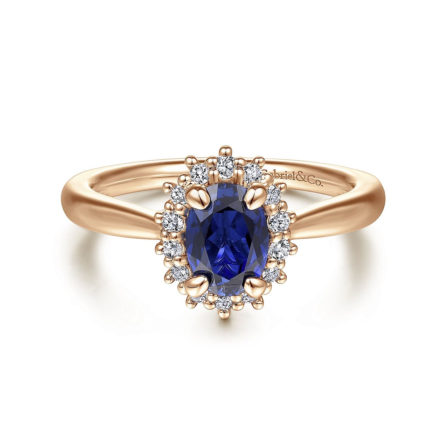 14K Rose Gold Oval Halo Diamond and Sapphire Engagement Ring