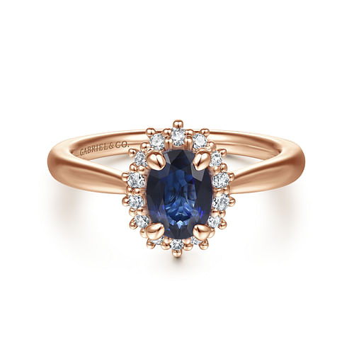 14K Rose Gold Oval Halo Diamond and Sapphire Engagement Ring