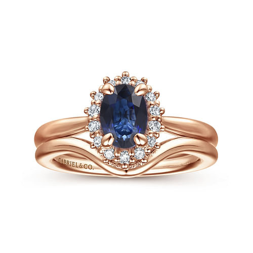 14K Rose Gold Oval Halo Diamond and Sapphire Engagement Ring