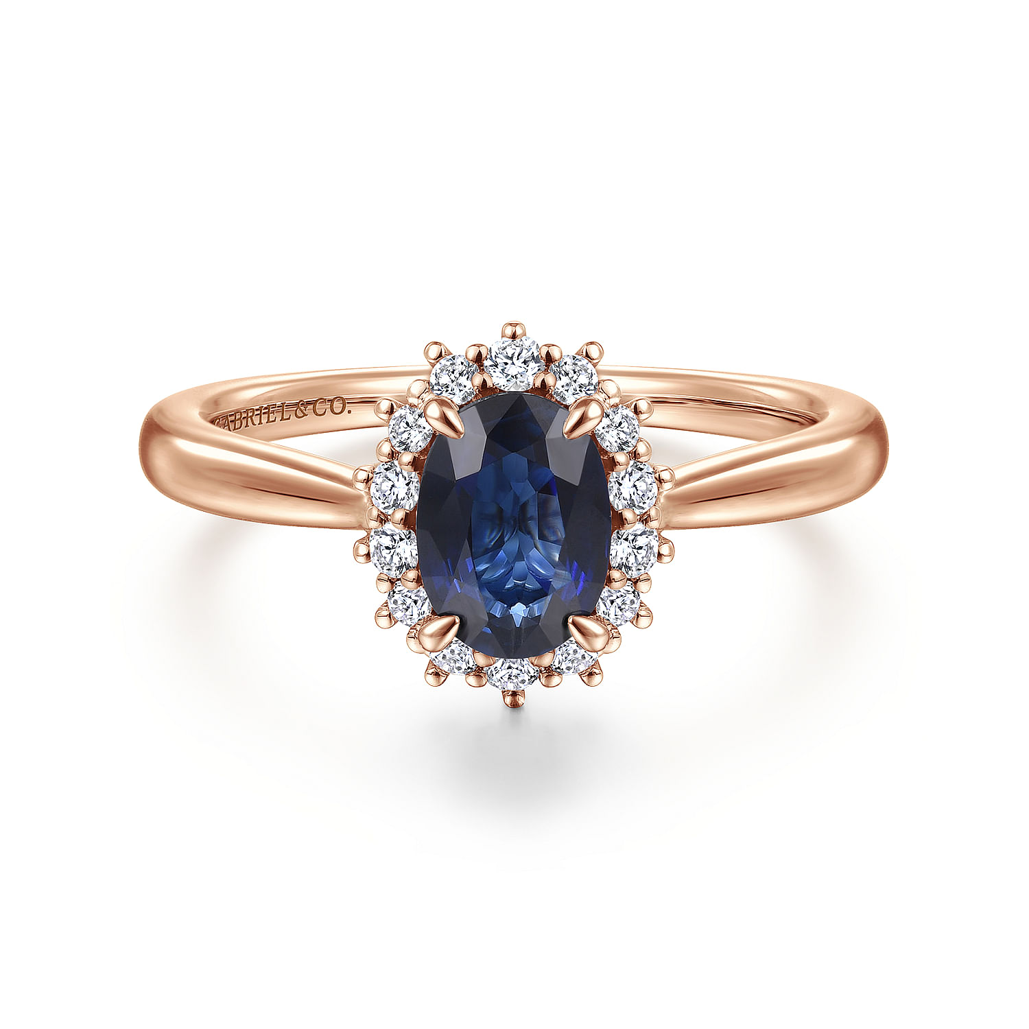 Gabriel - 14K Rose Gold Oval Halo Diamond and Sapphire Engagement Ring