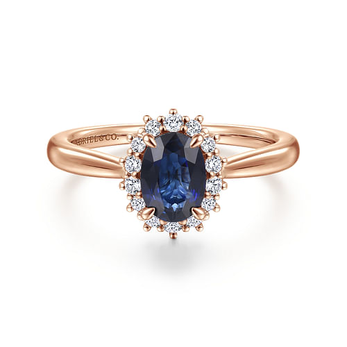 14K Rose Gold Oval Halo Diamond and Sapphire Engagement Ring