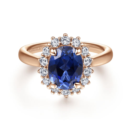 14K Rose Gold Oval Halo Diamond and Sapphire Engagement Ring