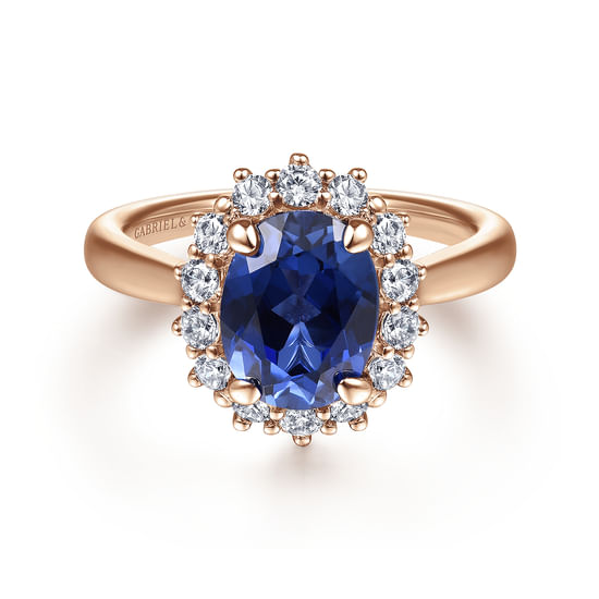 Gabriel - 14K Rose Gold Oval Halo Diamond and Sapphire Engagement Ring