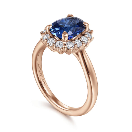 14K Rose Gold Oval Halo Diamond and Sapphire Engagement Ring