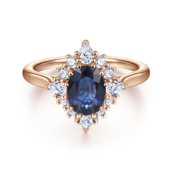 Gabriel - 14K Rose Gold Oval Halo Diamond and Sapphire Engagement Ring