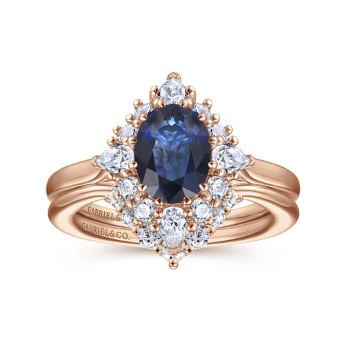14K Rose Gold Oval Halo Diamond and Sapphire Engagement Ring