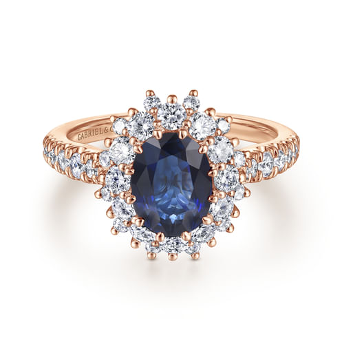 14K Rose Gold Oval Halo Diamond and Sapphire Engagement Ring