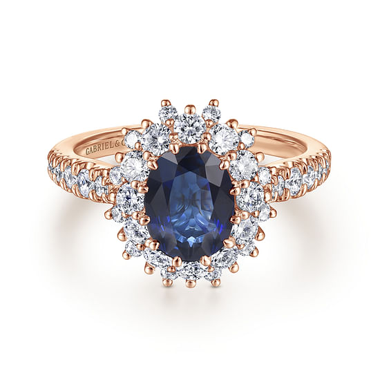 Gabriel - 14K Rose Gold Oval Halo Diamond and Sapphire Engagement Ring