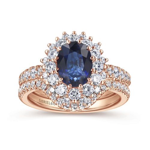 14K Rose Gold Oval Halo Diamond and Sapphire Engagement Ring