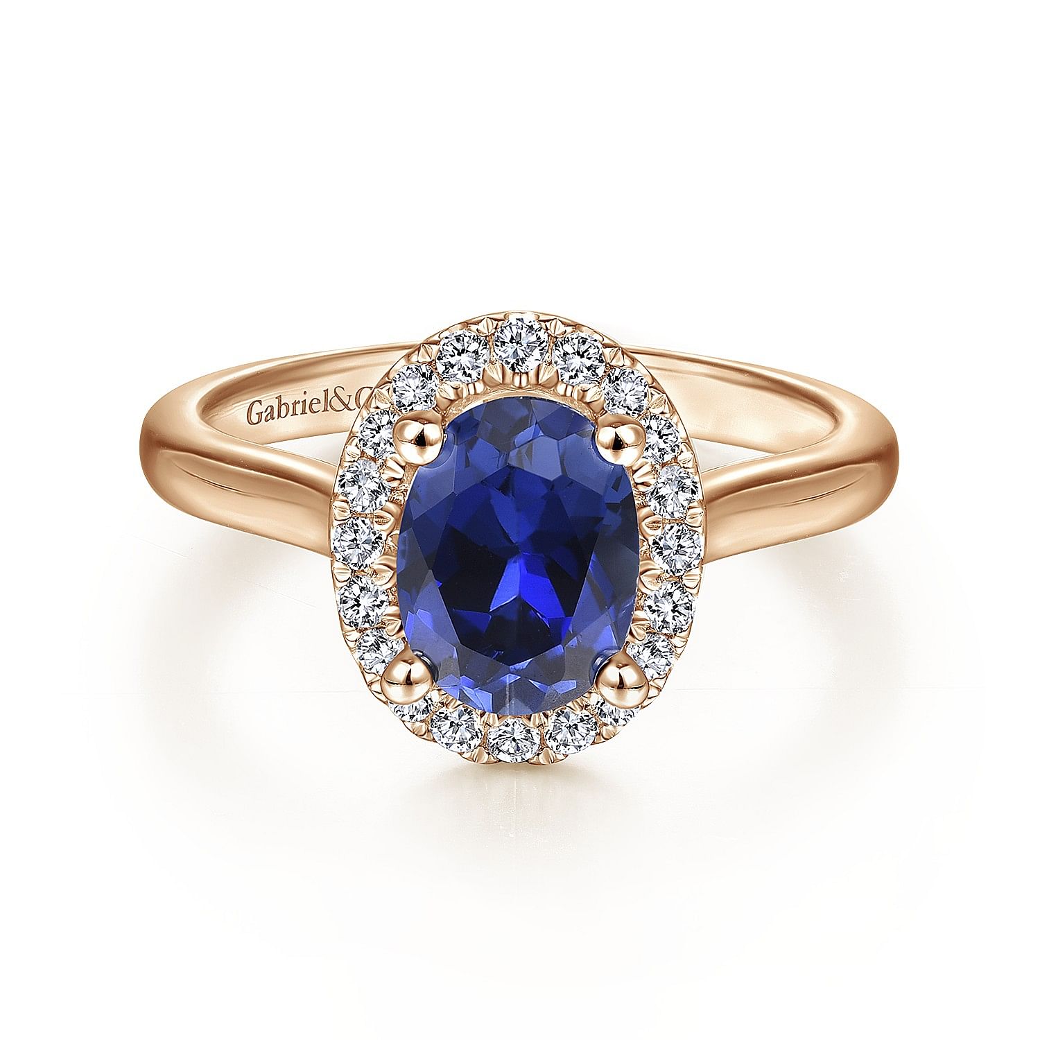 Gabriel - 14K Rose Gold Oval Halo Diamond and Sapphire Engagement Ring