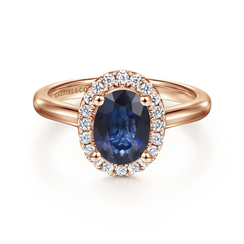 14K Rose Gold Oval Halo Diamond and Sapphire Engagement Ring