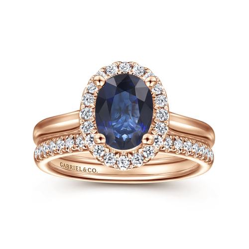 14K Rose Gold Oval Halo Diamond and Sapphire Engagement Ring