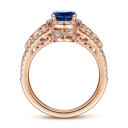 14K Rose Gold Oval Halo Diamond and Sapphire Engagement Ring