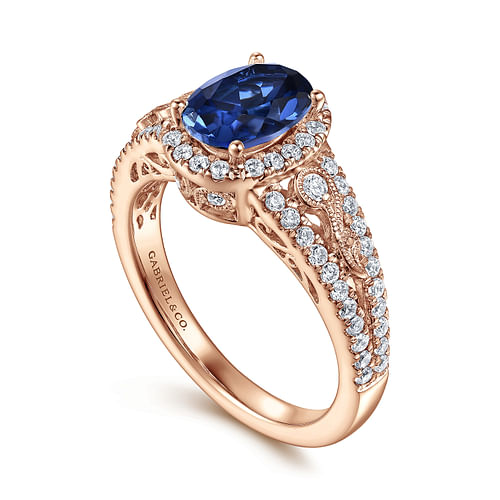 14K Rose Gold Oval Halo Diamond and Sapphire Engagement Ring
