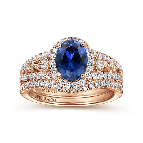 14K Rose Gold Oval Halo Diamond and Sapphire Engagement Ring