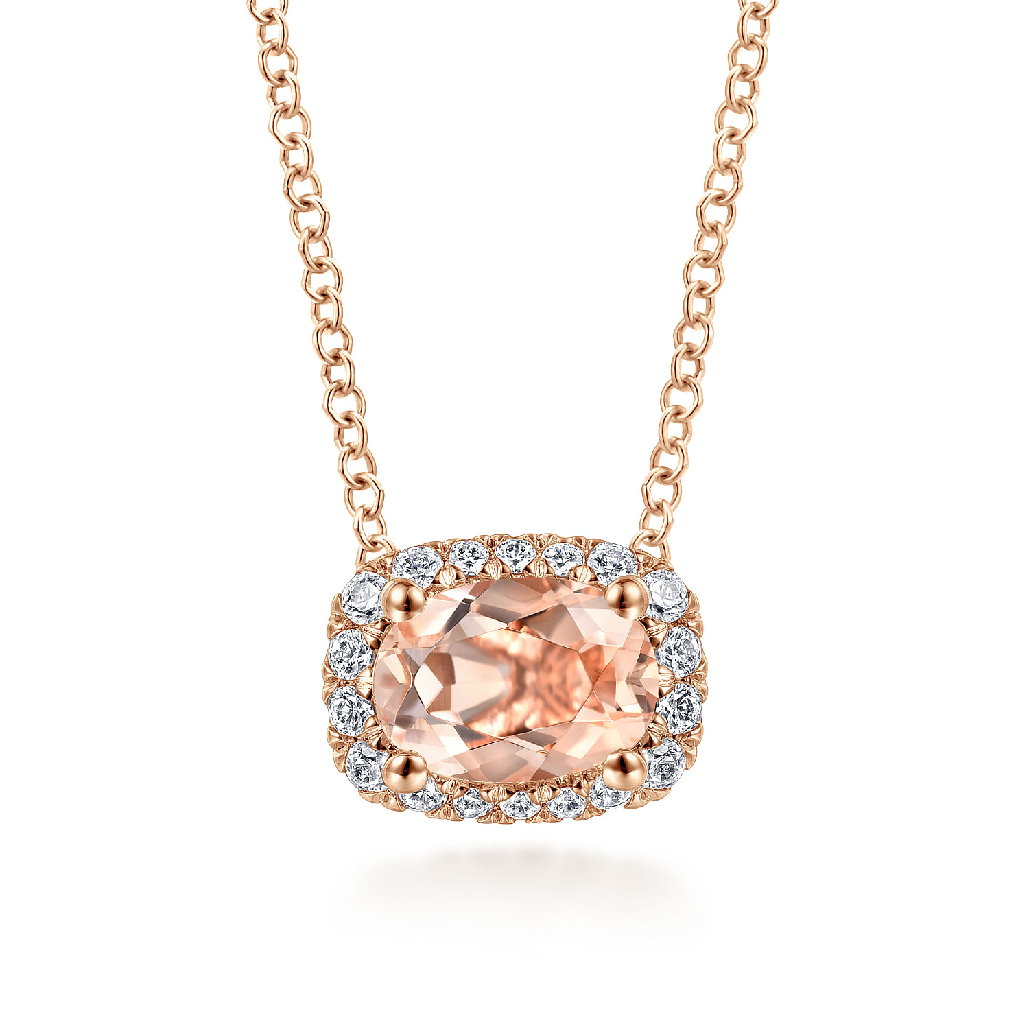 14K Rose Gold Oval Morganite and Diamond Halo Pendant Necklace