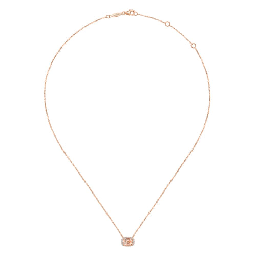 14K Rose Gold Oval Morganite and Diamond Halo Pendant Necklace