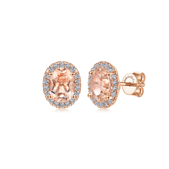14K Rose Gold Oval Morganite and Diamond Halo Stud Earrings